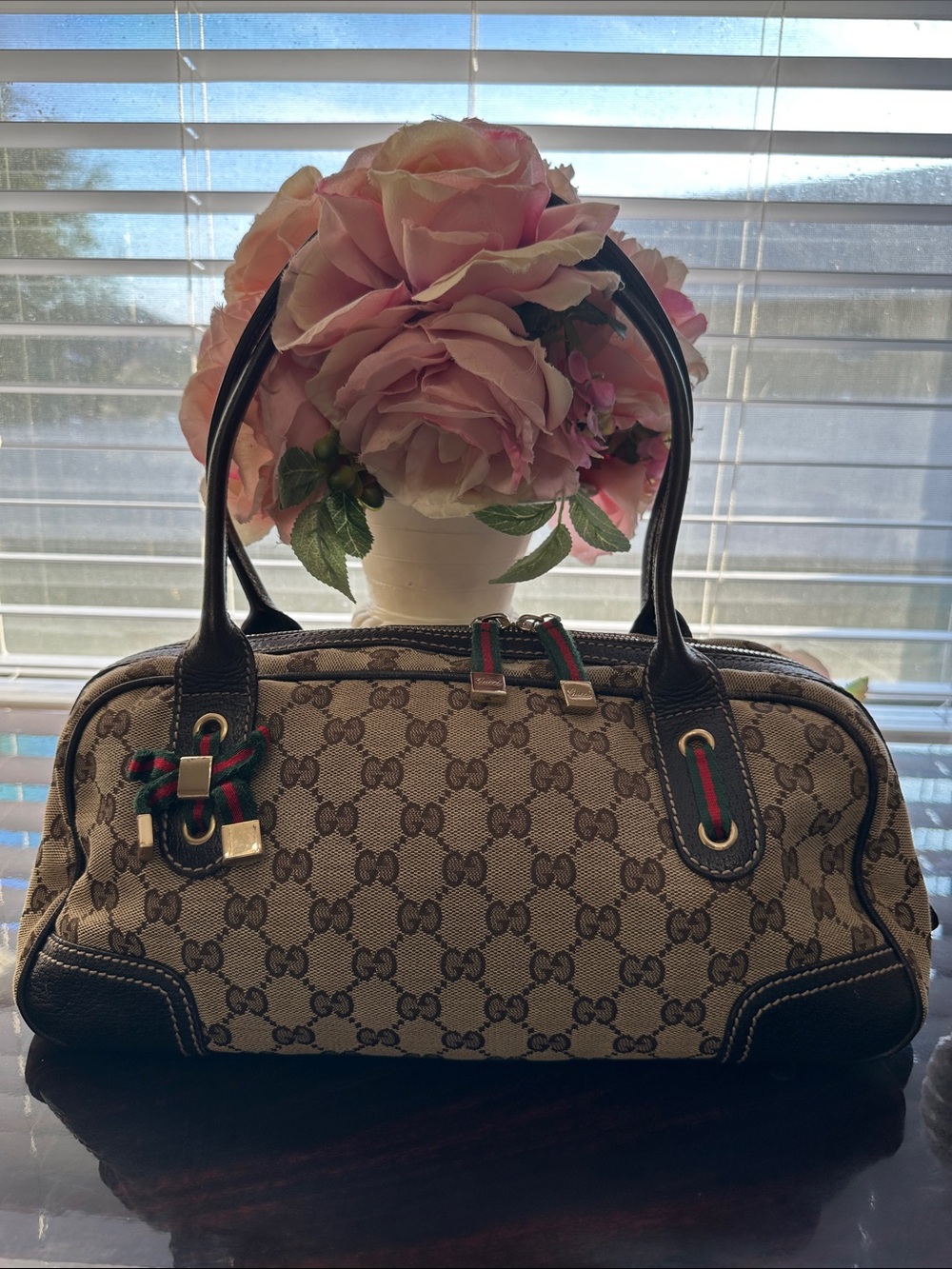 Gucci Princy Beige Monogram Canvas Shoulder Bag with Brown Trim and Web Stripe - Picture 9 of 16